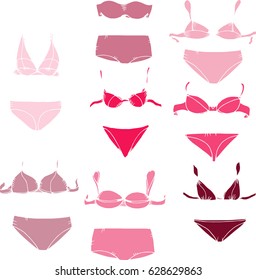 Collection hand drawing  women's bras and panties, icons set vector. Black and white objects, lady's wardrobe. Set of women's lingerie, types of bras. Pink silhouette isolated on white.   