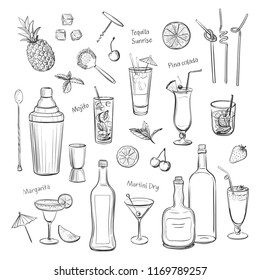 Collection of hand drawings of cocktails and bartender tools. Isolated graphics on a white background