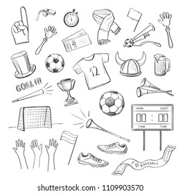 Collection of hand drawings on a football theme. Attributes of sports fans on a white background
