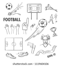 Collection of hand drawings on a football theme. Attributes of sports fans on a white background
