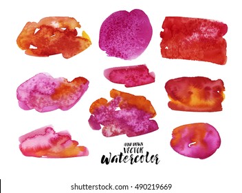Collection of hand drawn abstract red watercolor blots. Ink illustration. Isolated on white background.  