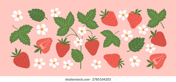 Collection of hand drawn abstract strawberry with leaves and flowers. Sweet summer red berry. Drawing art modern nature print. Vector flat illustration for pattern, card, poster, cover, t-shirt.