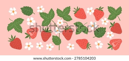 Collection of hand drawn abstract strawberry with leaves and flowers. Sweet summer red berry. Drawing art modern nature print. Vector flat illustration for pattern, card, poster, cover, t-shirt.