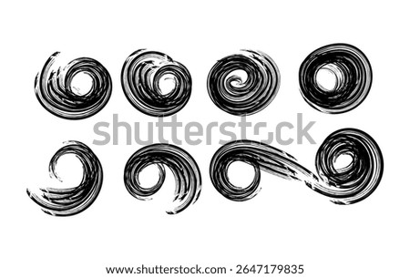 A collection of hand drawn abstract swirl brush strokes in black ink, grunge art , perfect for branding, modern backgrounds , and expressive artwork.