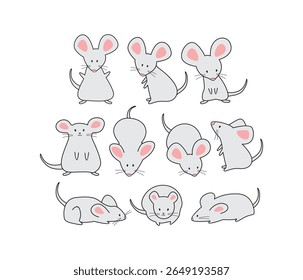 Collection of Hand Drawn Adorable Cartoon Mice with Outline
