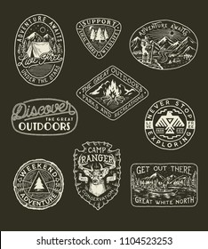 Collection of hand drawn adventure, camping, nature, travel emblems and patches