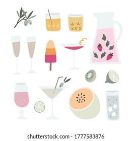 Collection of hand drawn alcoholic drinks, cocktails and fruit. Summer holiday, beach party and celebration. Isolated vector object, icons. Flat design. Watermelon, strawberry and olive tree branches.