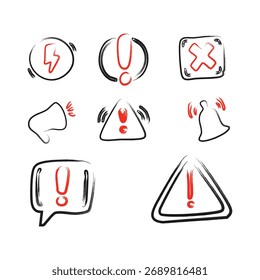 Eine Sammlung von handgezeichneten Warnungs- und Benachrichtigungssymbolen mit schwarzen Umrissen und roten Akzenten, die verschiedene Warnsymbole darstellen