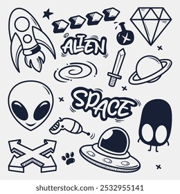 collection of hand drawn alien space elements, Vector illustration