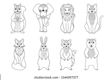 Collection of hand drawn animals in doodle style isolated on white background