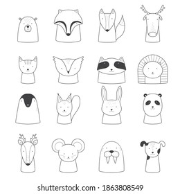 Collection of hand drawn animals isolated on white background. Cute bear, badger, fox, elk, cat, owl, raccoon, hedgehog, penguin, squirrel, hare, panda, deer, mouse, walrus, dog. Vector illustration