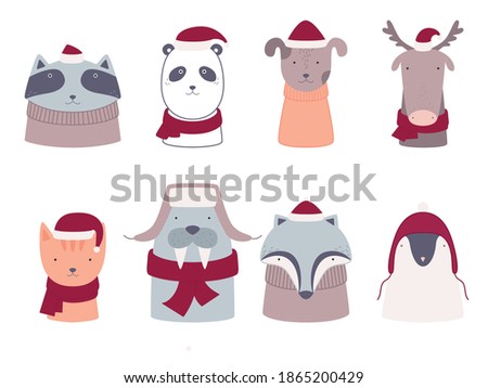 Collection of hand drawn animals isolated on white background. Cute badger, elk, cat, raccoon, penguin, panda, walrus, dog. Vector illustration