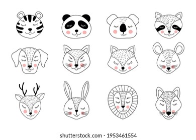 Collection of hand drawn animals on white background.