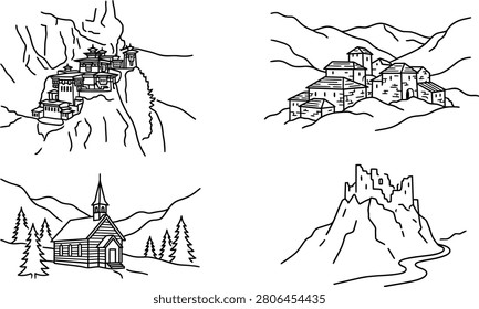 Collection of hand drawn architectural illustrations of villages and castles in mountainous landscapes