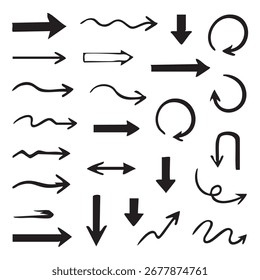 A Collection of Hand Drawn Arrow Illustrations Representing Direction and Movement, Including Straight, Curved, and Wavy Designs, Ideal for Visual Communication and Graphic Elements Purposes