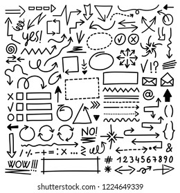 Collection of hand drawn arrow marks, symbols, frames 