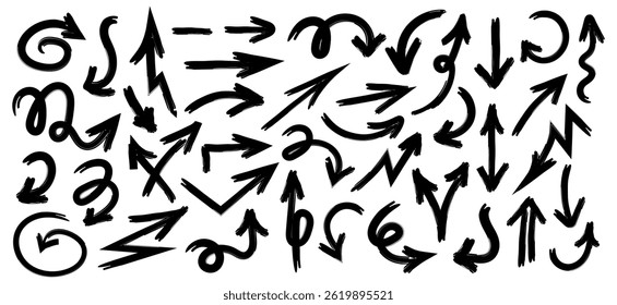 Collection of hand drawn arrow signs in different directions with a line. Set of different design elements with scribble texture. Black arrows showing directions. Vector illustration isolated.