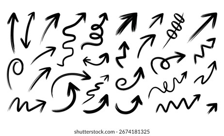 Collection of Hand Drawn Arrows in Black Brush Strokes on White Background for Design Elements