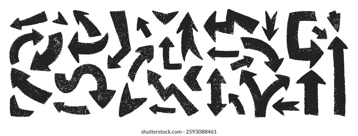 Coleção de setas desenhadas à mão com textura de giz de cera, pastel ou giz. Ziguezague. setas de canto e círculo para desenhos em quadrinhos. Ilustração de vetor preto em um fundo branco.