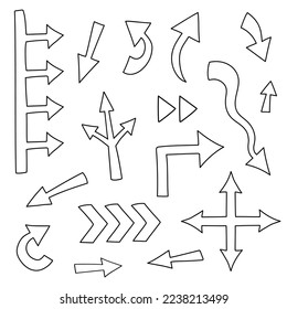 Collection of hand drawn arrows different shape. Big and small doodle arrow marks, cursors for infographic, planning,  mind maps. Pointer sketch on white background