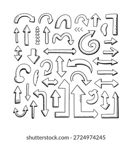 Coleção de setas desenhadas à mão e indicadores de direção em um estilo de esboço monocromático