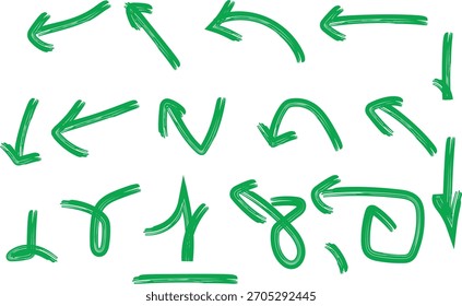 Collection of Hand Drawn Arrows in Green Color on White Background Vector Illustration
