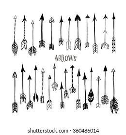 Collection of hand drawn arrows. Ink illustration. Isolated on white background. Set of decorative arrows. Vector design set. Hand drawn decor elements for your design.