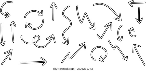 Flechas dibujadas a mano de colección aisladas sobre fondo blanco. Vector de iconos de marca de flecha