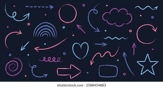 Collection of hand drawn arrows, lines and various shapes. Abstract pencil, crayon and chalk brush style. Doodles. Vector illustration