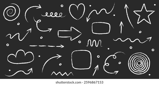 Collection of hand drawn arrows, lines and various shapes. Abstract pencil, crayon and chalk brush style. Doodles. Vector illustration