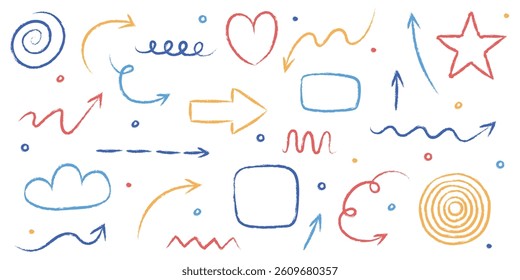 Collection of hand drawn arrows, lines and various shapes. Abstract pencil, crayon and chalk brush style. Doodles. Vector illustration