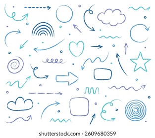 Collection of hand drawn arrows, lines and various shapes. Abstract pencil, crayon and chalk brush style. Doodles. Vector illustration