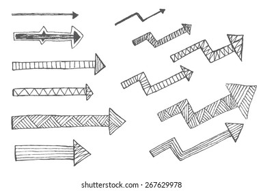 Collection of hand drawn arrows on white background Vector illustration 