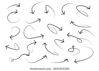 Setas desenhadas à mão da coleção no fundo branco. Coleção de indicadores.