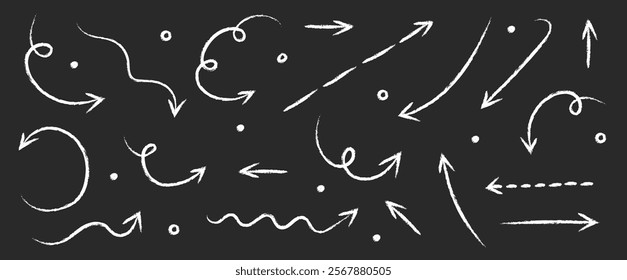 Collection of hand drawn arrows in pencil style. Cartoon shapes. Vector illustration