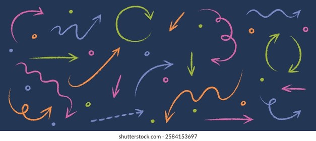 Collection of hand drawn arrows in pencil style. Cartoon shapes. Vector illustration