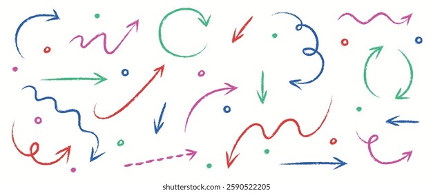 Collection of hand drawn arrows in pencil style. Cartoon shapes. Vector illustration