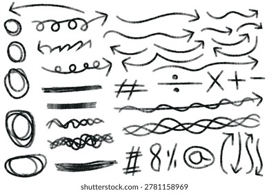 A collection of hand drawn arrows, scribbles and symbols in black on a white background