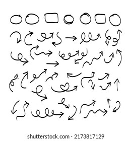 Collection of hand drawn arrows. Set of simple arrows isolated on a white background.