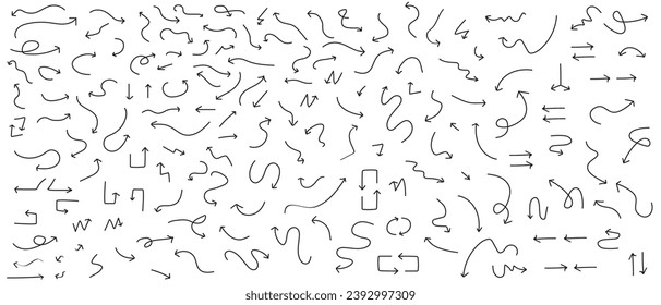 Flechas dibujadas a mano de la colección. Establece flechas simples aisladas en el fondo blanco. Iconos de marca de flecha.  ilustración vectorial