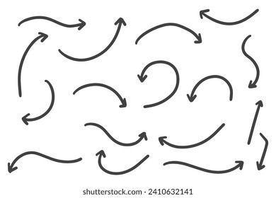 Collection hand drawn arrows. Set of vector curved arrows isolated white background. 