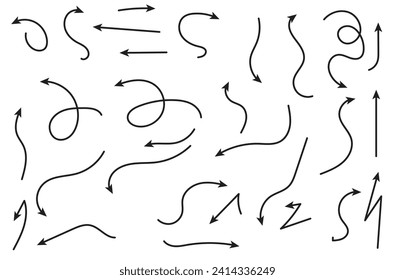 Flechas dibujadas a mano de la colección. Establece flechas simples aisladas en el fondo blanco. Iconos de marca de flecha. Pintura de flecha - vector de stock.
