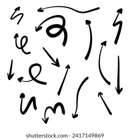 The collection of hand drawn arrows. Arrows set on the white background. Vector EPS 10.	