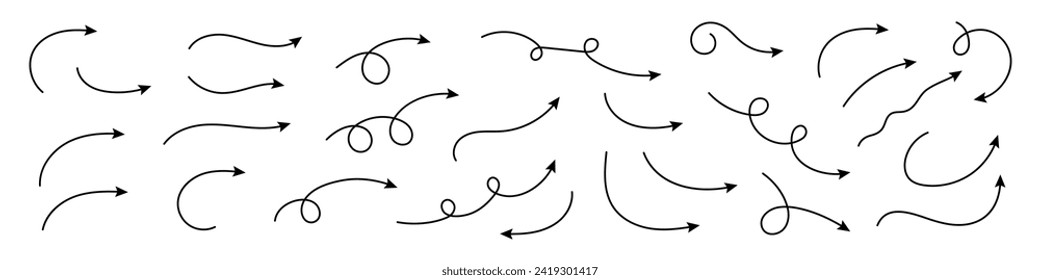 Collection hand drawn arrows. Set simple arrows isolated on white background. Arrow mark icons. Collection of pointers. Vector illustration.