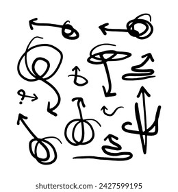 Collection hand drawn arrows. Set simple arrows isolated on white background. Arrow mark icons. Hand drawn freehand different curved lines, swirls arrows. Doodle marker.