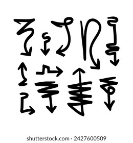 Collection hand drawn arrows. Set simple arrows isolated on white background. Arrow mark icons. Arrow Hand drawn freehand different curved lines, swirls arrows. Doodle marker.