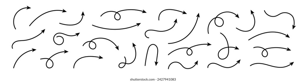 Collection hand drawn arrows. Set simple curved arrows isolated on white background. Collection of pointers. Vector illustration.