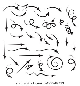 Sammlung handgezeichnete Pfeile. Einfache Markierung auf weißem Hintergrund festlegen.  Abstrakt verschiedene Pinselpfeile. Schwarze Pfeile Doodle Skizze PNG isolierte Hand gezeichnete Pfeile 7891