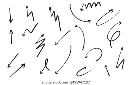 The collection of hand drawn arrows. Arrows set on the white background. Vector EPS 10.	