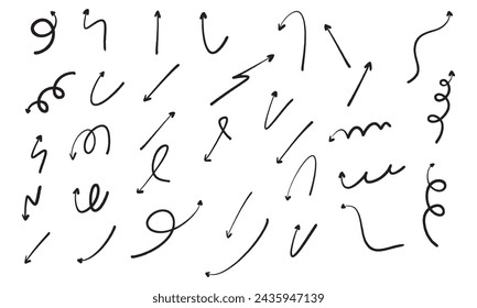 The collection of hand drawn arrows. Arrows set on the white background. Vector EPS 10.	
